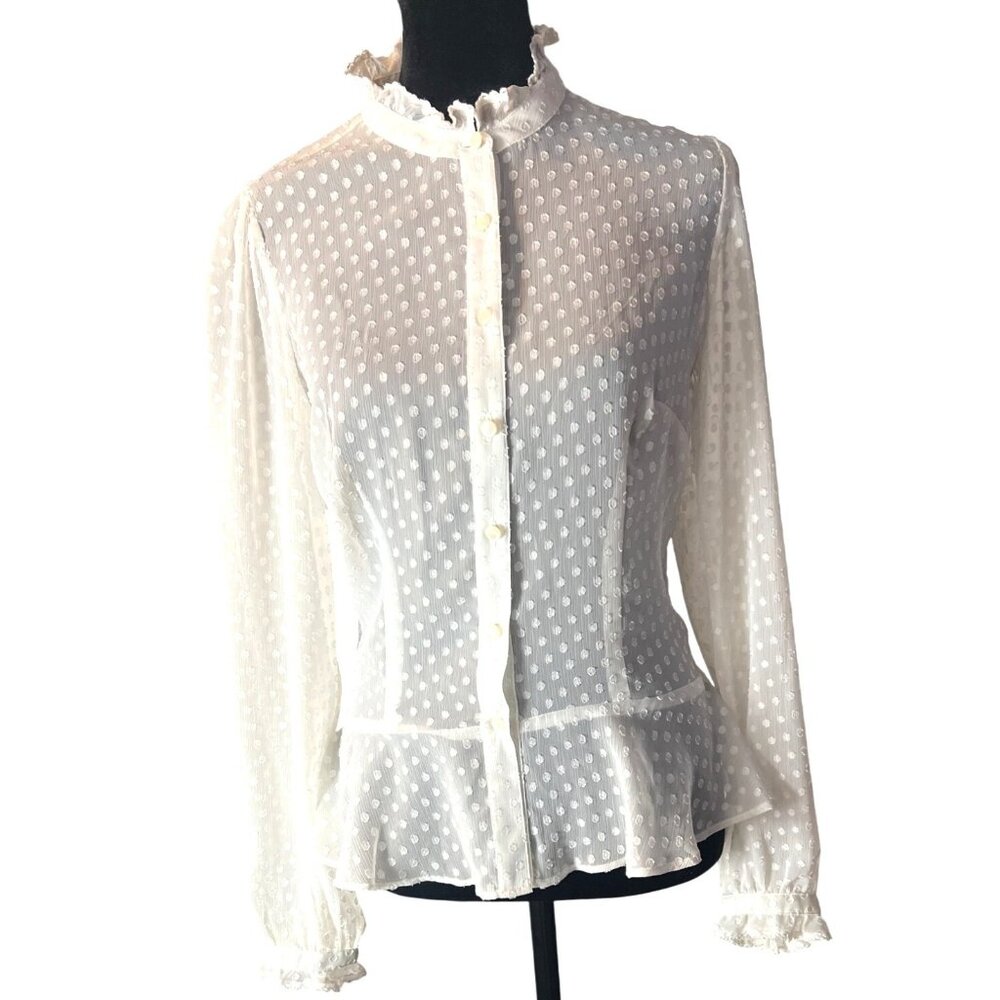 Ann‎ Taylor Loft White Sheer Polka Dot Button-Up Blouse With Ruffled Trim Size 0
